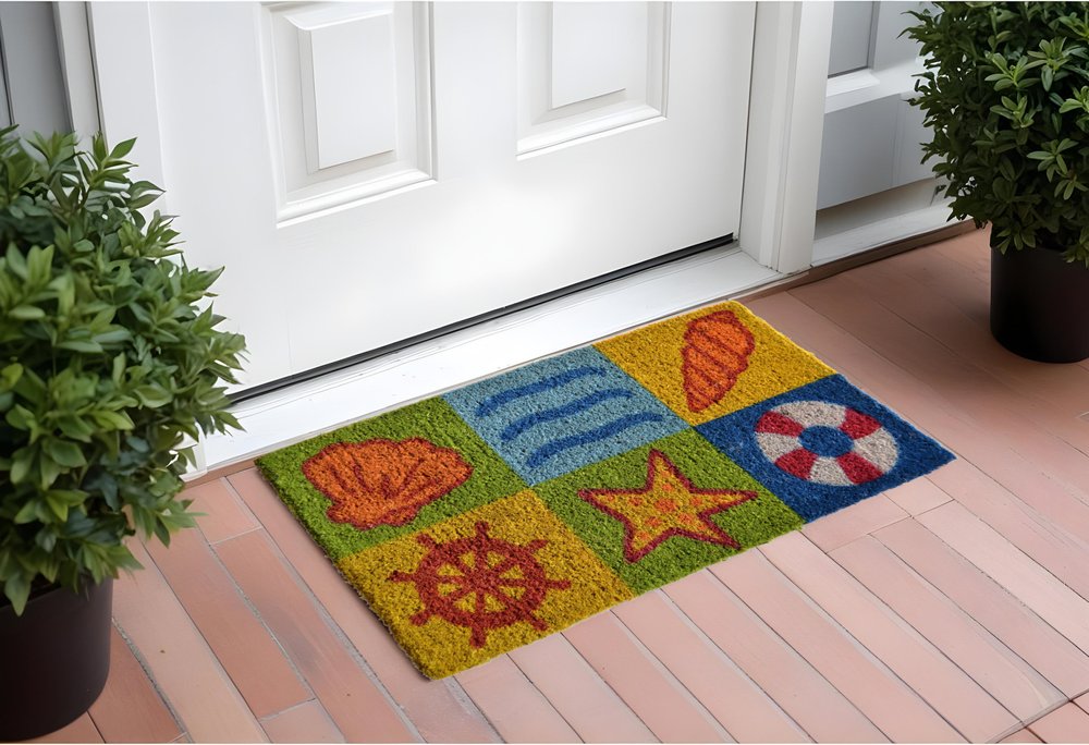 18" X 30" Orange Yellow Coir Seashells Outdoor Summer Door Mat