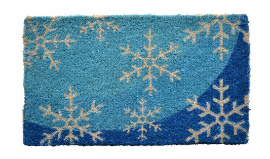 18" X 30" Blue and White Coir Snowflake Outdoor Winter Door Mat
