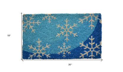 18" X 30" Blue and White Coir Snowflake Outdoor Winter Door Mat