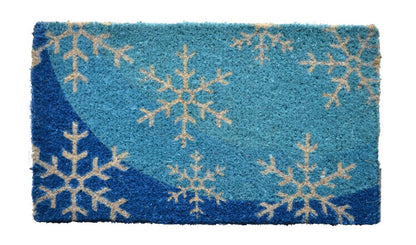 18" X 30" Blue and White Coir Snowflake Outdoor Winter Door Mat