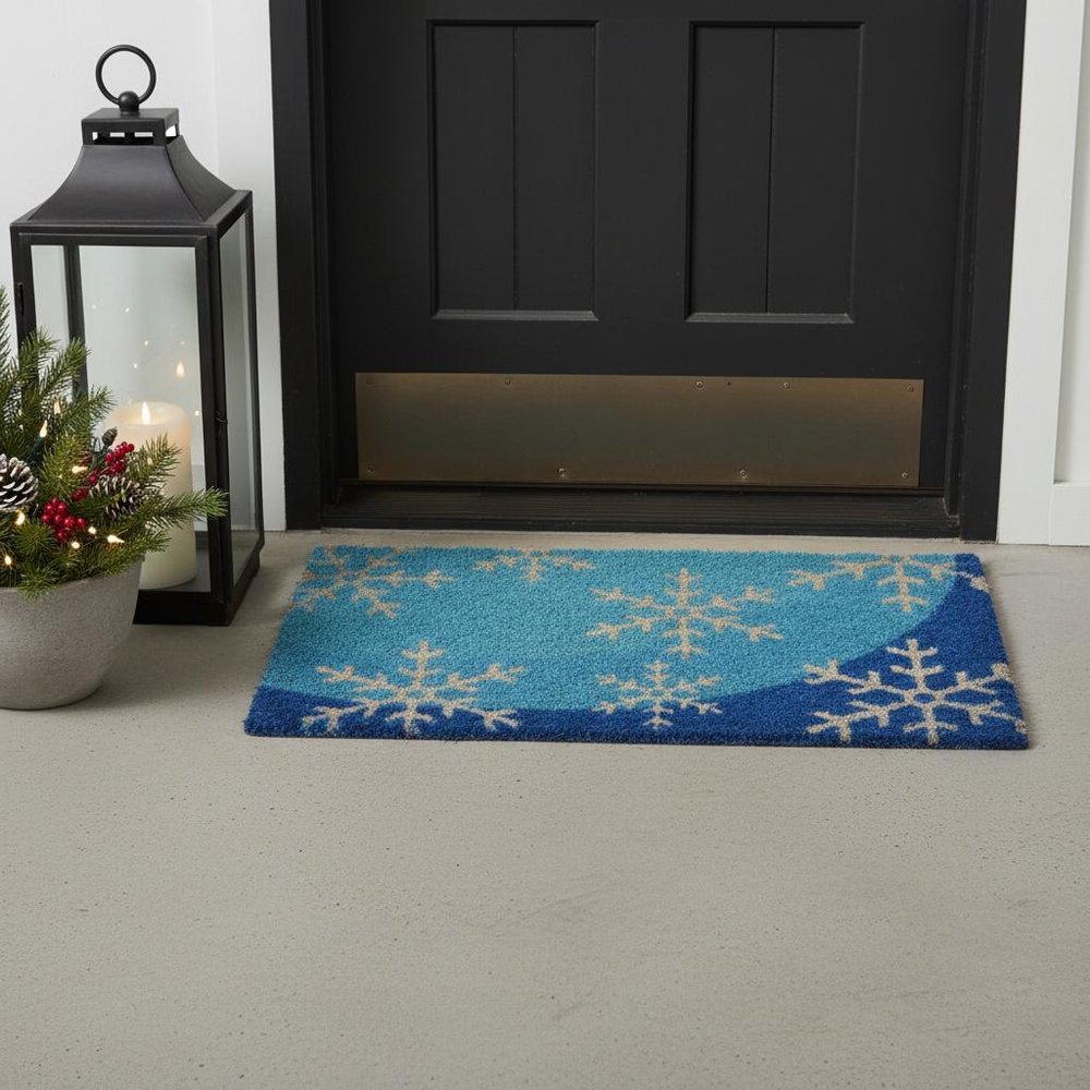18" X 30" Blue and White Coir Snowflake Outdoor Winter Door Mat