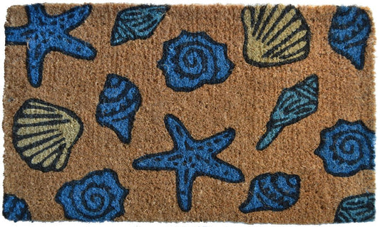 18" X 30" Blue and Brown Coir Seashells Outdoor Door Mat