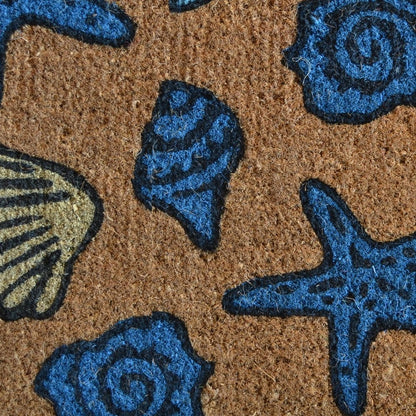 18" X 30" Blue and Brown Coir Seashells Outdoor Door Mat