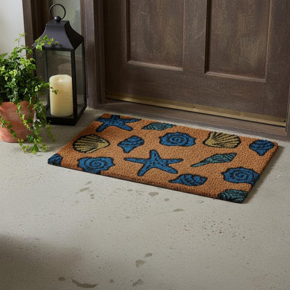 18" X 30" Blue and Brown Coir Seashells Outdoor Door Mat