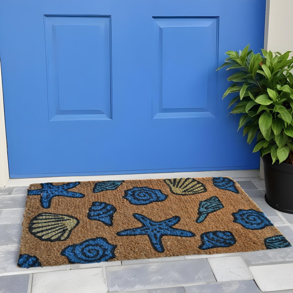 18" X 30" Blue and Brown Coir Seashells Outdoor Door Mat