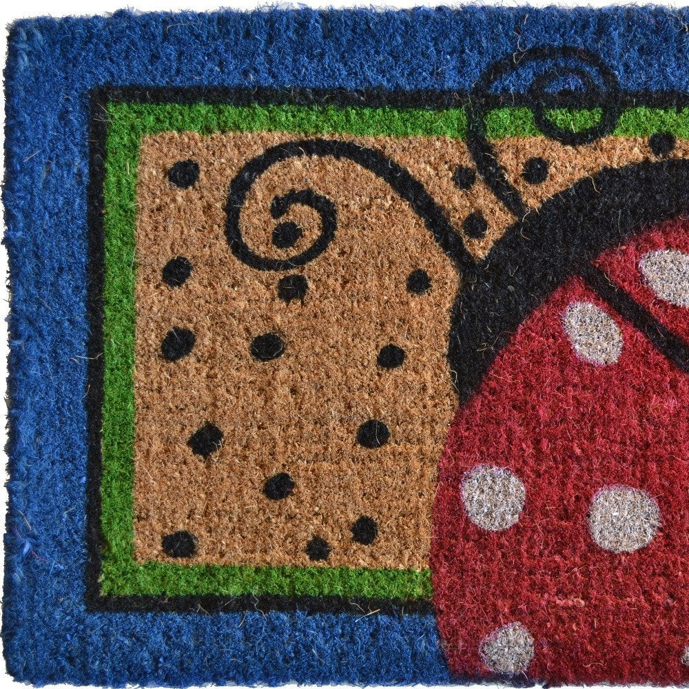 18" X 30" Blue and Brown Coir Ladybug Outdoor Door Mat