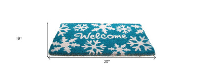18" X 30" Aqua Blue and White Coir Snowflake Welcome Outdoor Winter Door Mat
