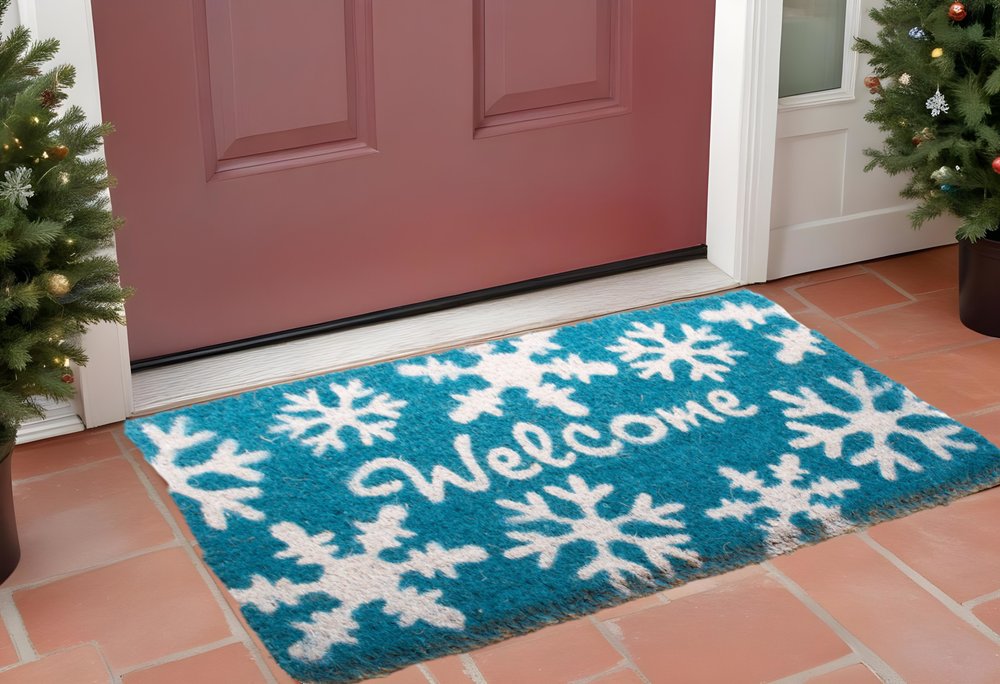 18" X 30" Aqua Blue and White Coir Snowflake Welcome Outdoor Winter Door Mat