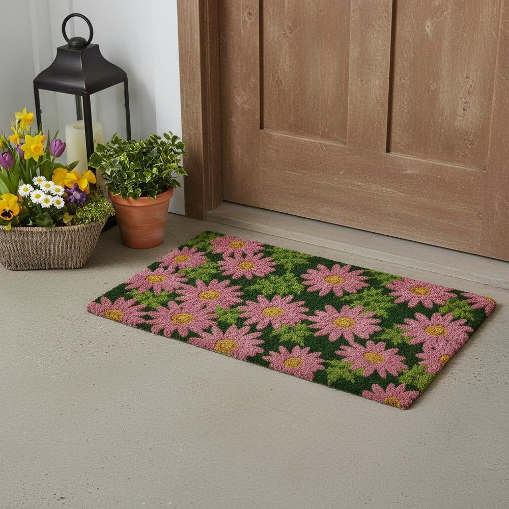 18" X 30" Pink and Green Coir Floral Outdoor Spring Door Mat