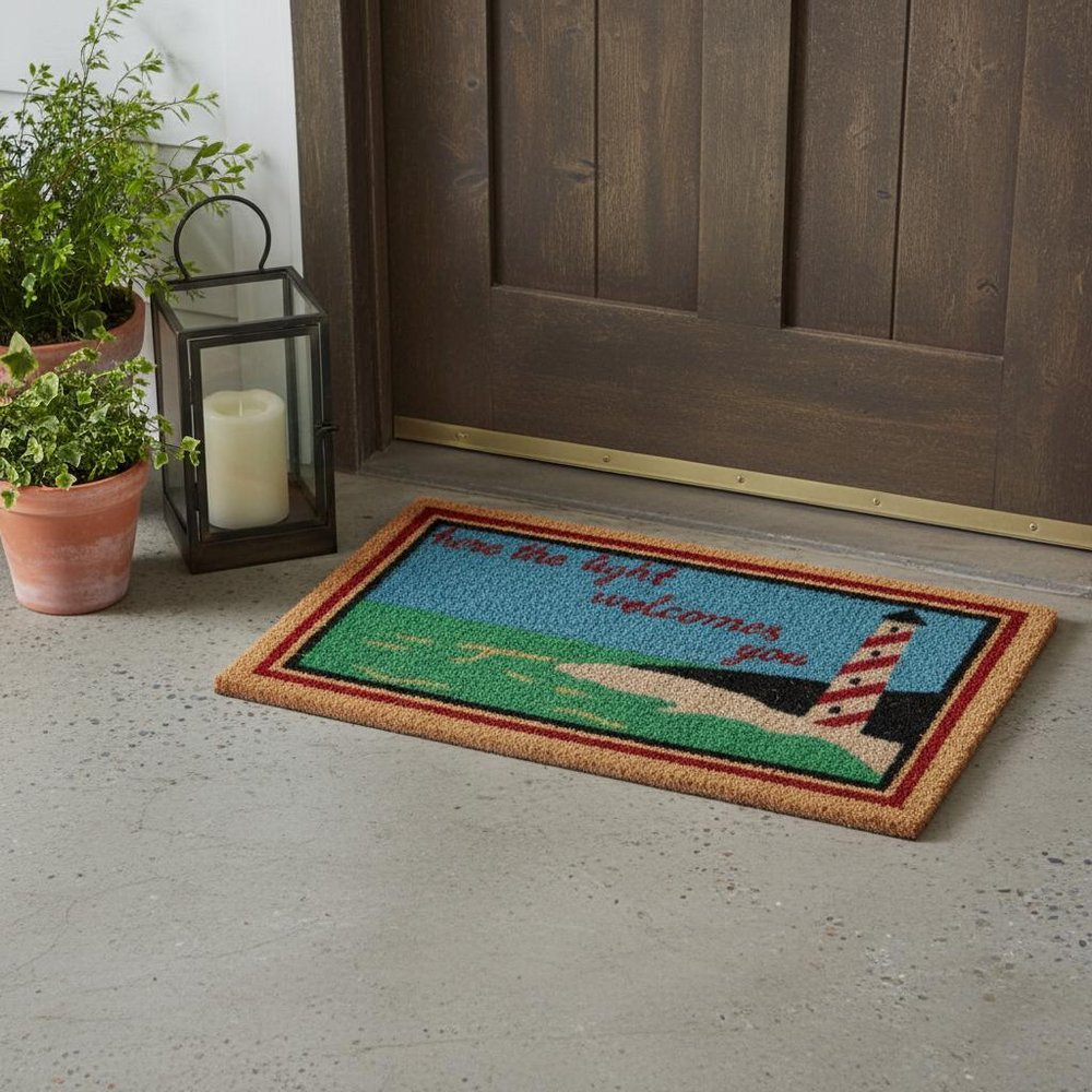 18" X 30" Brown Coir Lighthouse Here The Light Welcomes You Outdoor Door Mat
