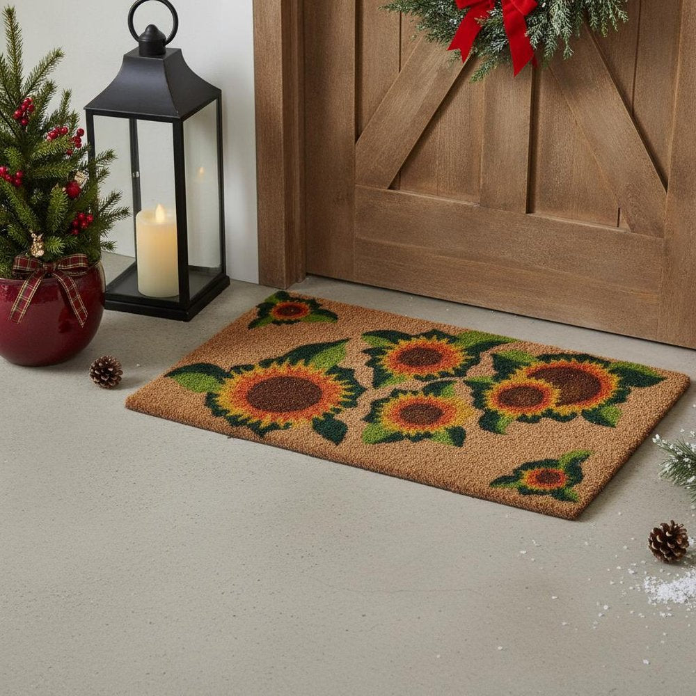 18" X 30" Brown Orange And Yellow Floral Outdoor Coir Door Mat