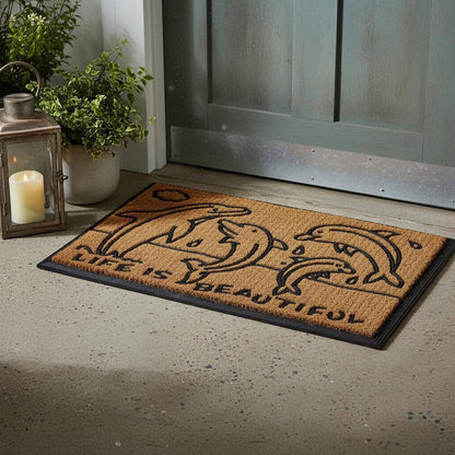 18" X 30" Brown and Black Rubber And Coir Dolphin Life is Beautiful Outdoor Door Mat