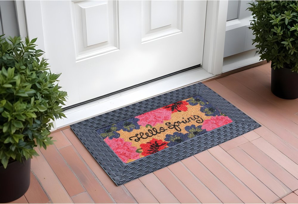 18" X 30" Brown and Black Rubber and Coir Spring Summer Outdoor Door Mat With Inserts