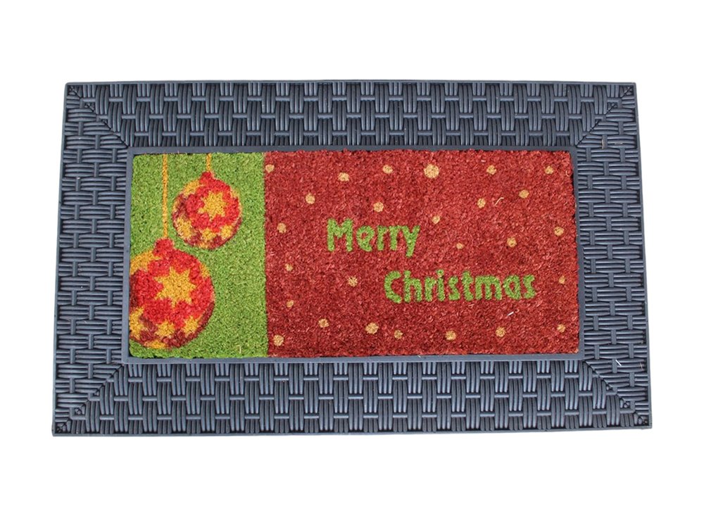 18" X 30" Brown And Red Christmas Holiday Merry Christmas Outdoor Rubber And Coir Door Mat With Insert