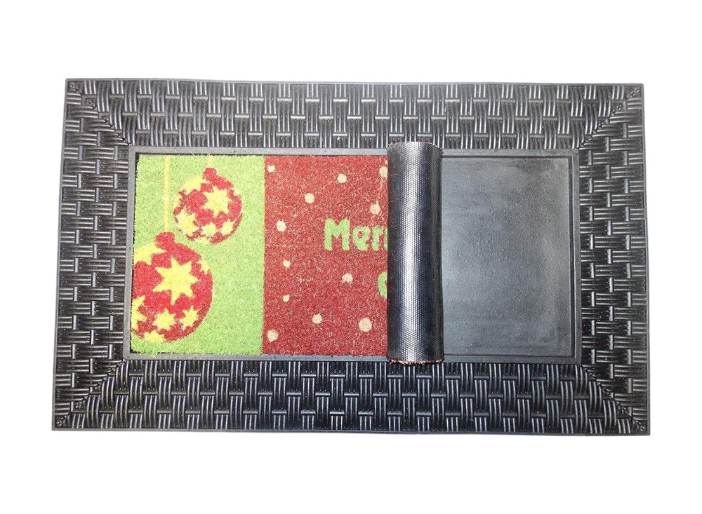 18" X 30" Brown And Red Christmas Holiday Merry Christmas Outdoor Rubber And Coir Door Mat With Insert
