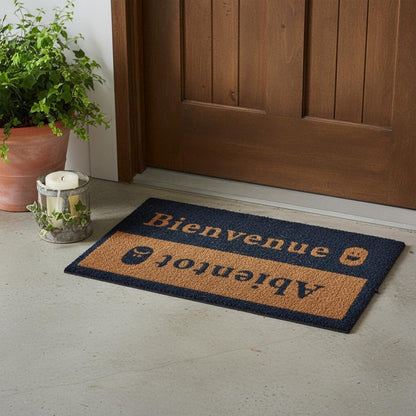18" X 30" Brown and Blue Coir Bienvenue Abientot Outdoor Door Mat