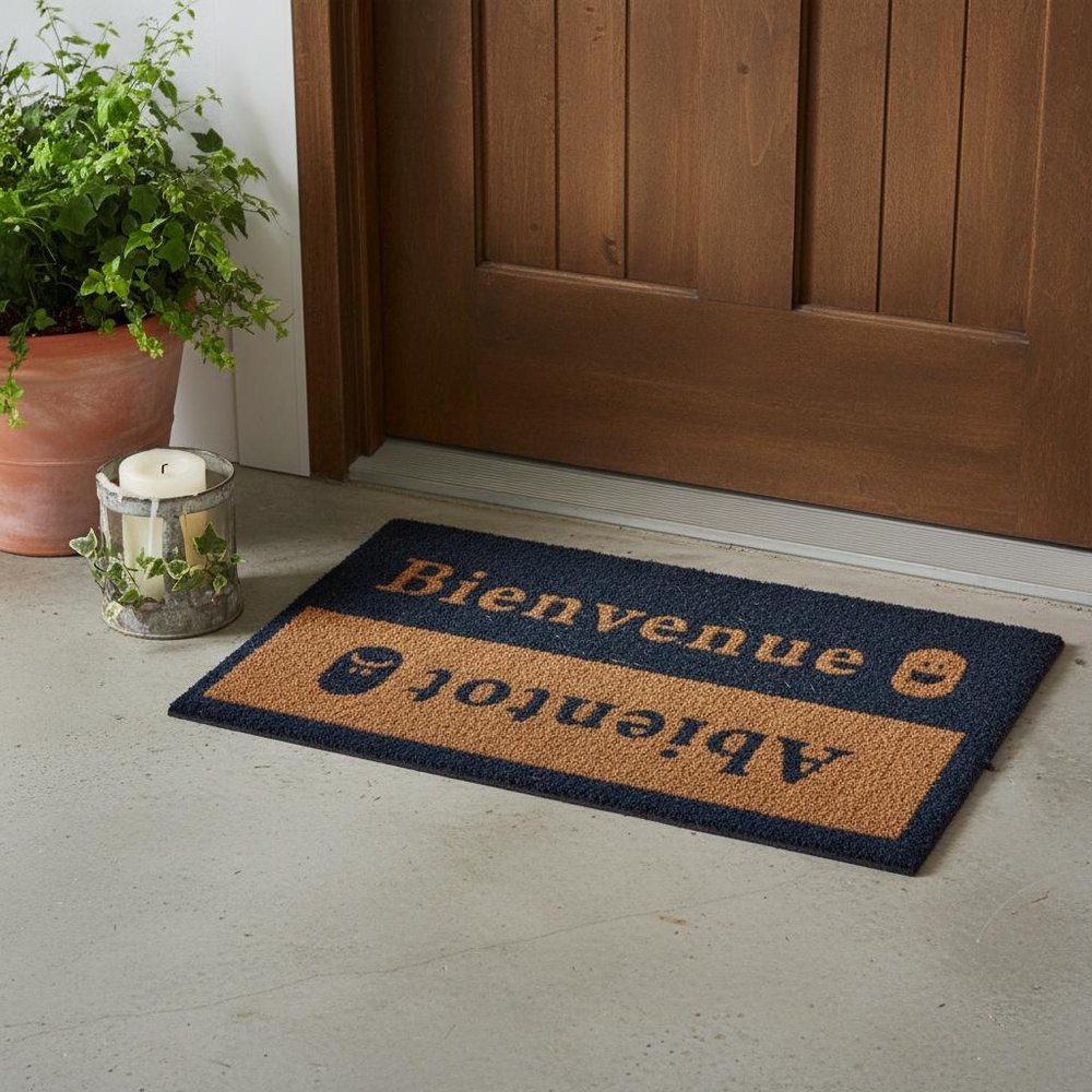 18" X 30" Brown and Blue Coir Bienvenue Abientot Outdoor Door Mat