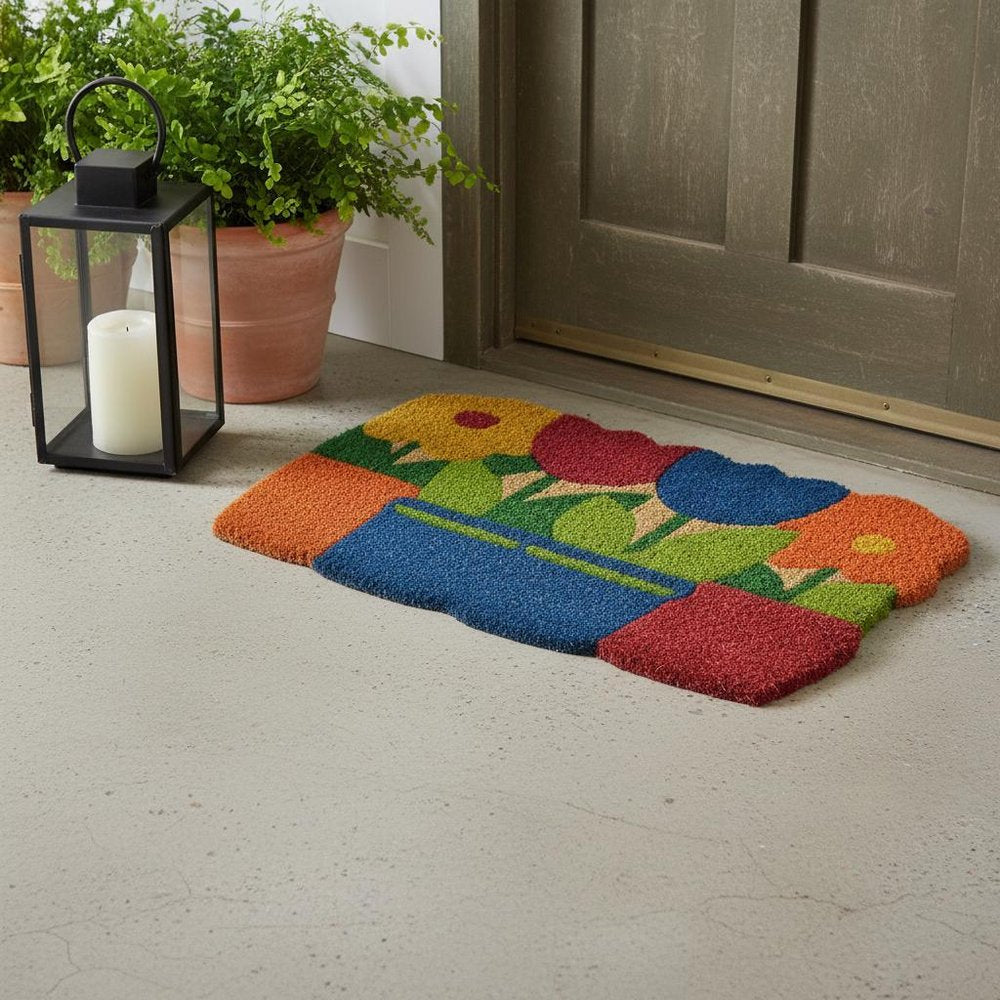 18" X 30" Blue and Red Coir Floral Outdoor Door Mat