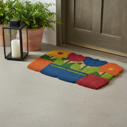 18" X 30" Blue and Red Coir Floral Outdoor Door Mat