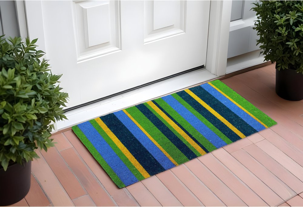 18" X 48" Green and Black Coir Striped Outdoor Door Mat