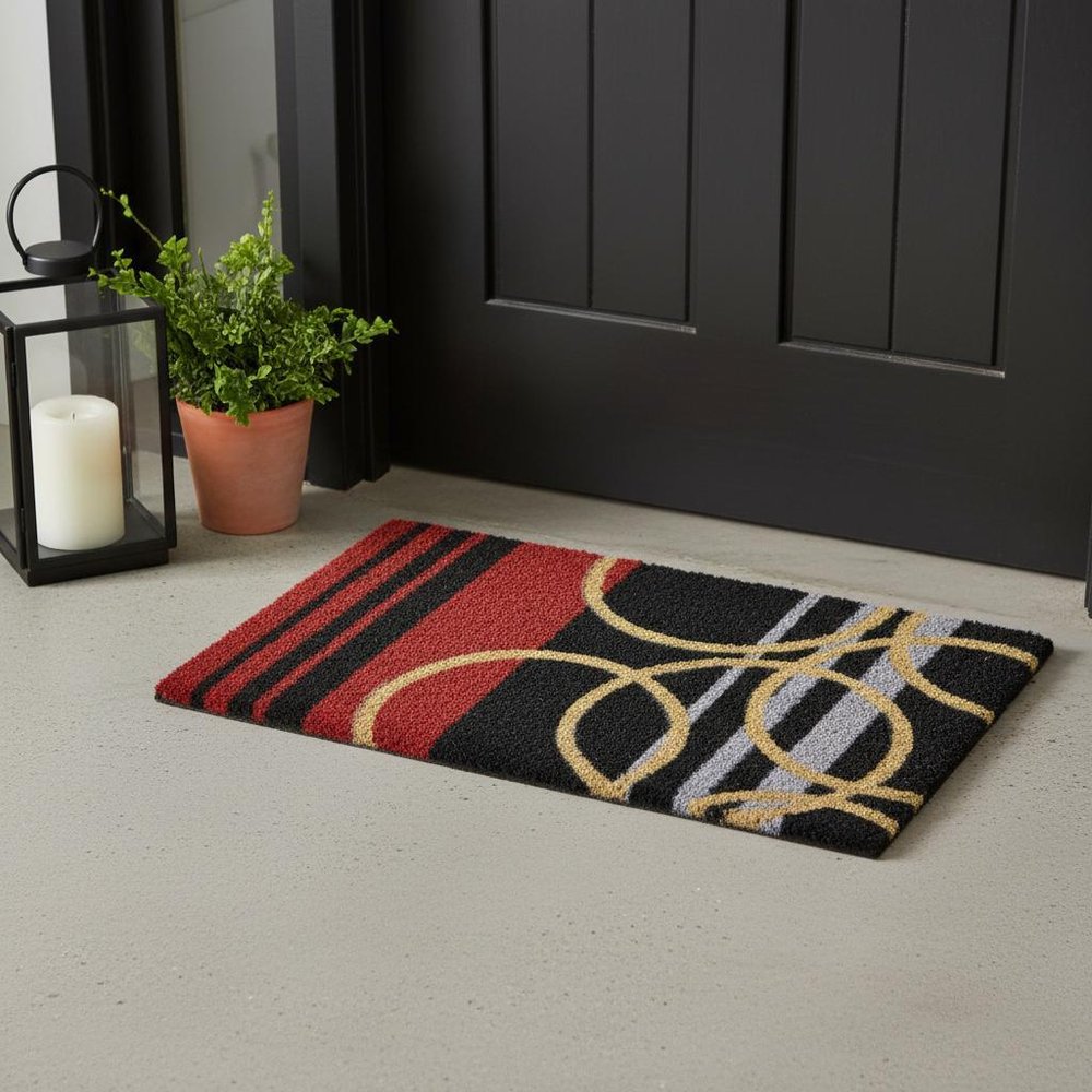 18" X 30" Black and Red Coir Striped Outdoor Door Mat