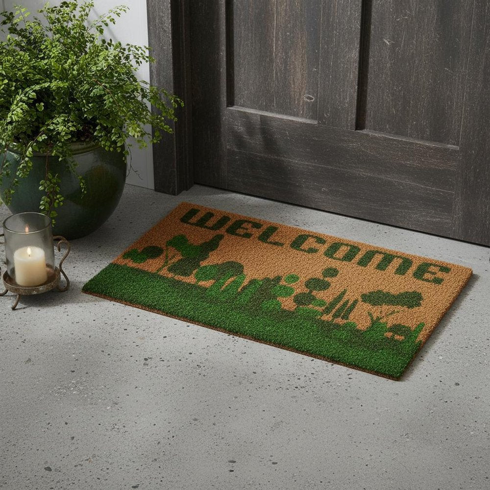 18" X 30" Beige and Green Coir Trees Welcome Outdoor Door Mat