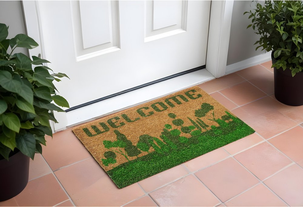 18" X 30" Beige and Green Coir Trees Welcome Outdoor Door Mat