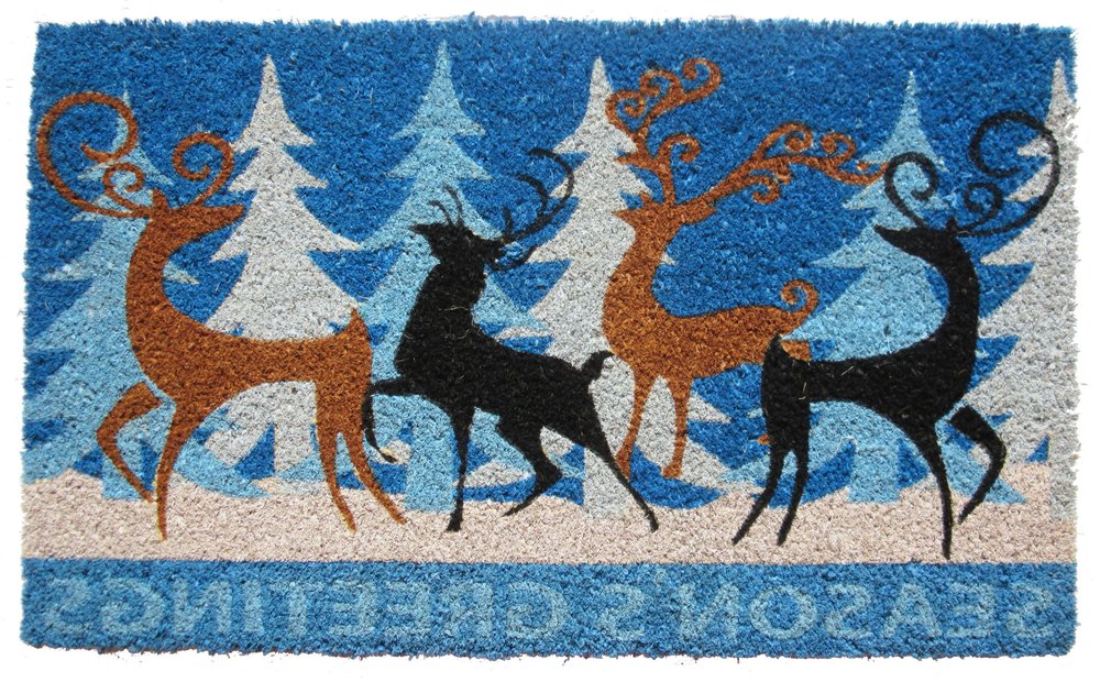 18" X 30" Blue Coir Deer Seasons Greetings Outdoor Holiday Door Mat