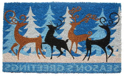 18" X 30" Blue Coir Deer Seasons Greetings Outdoor Holiday Door Mat