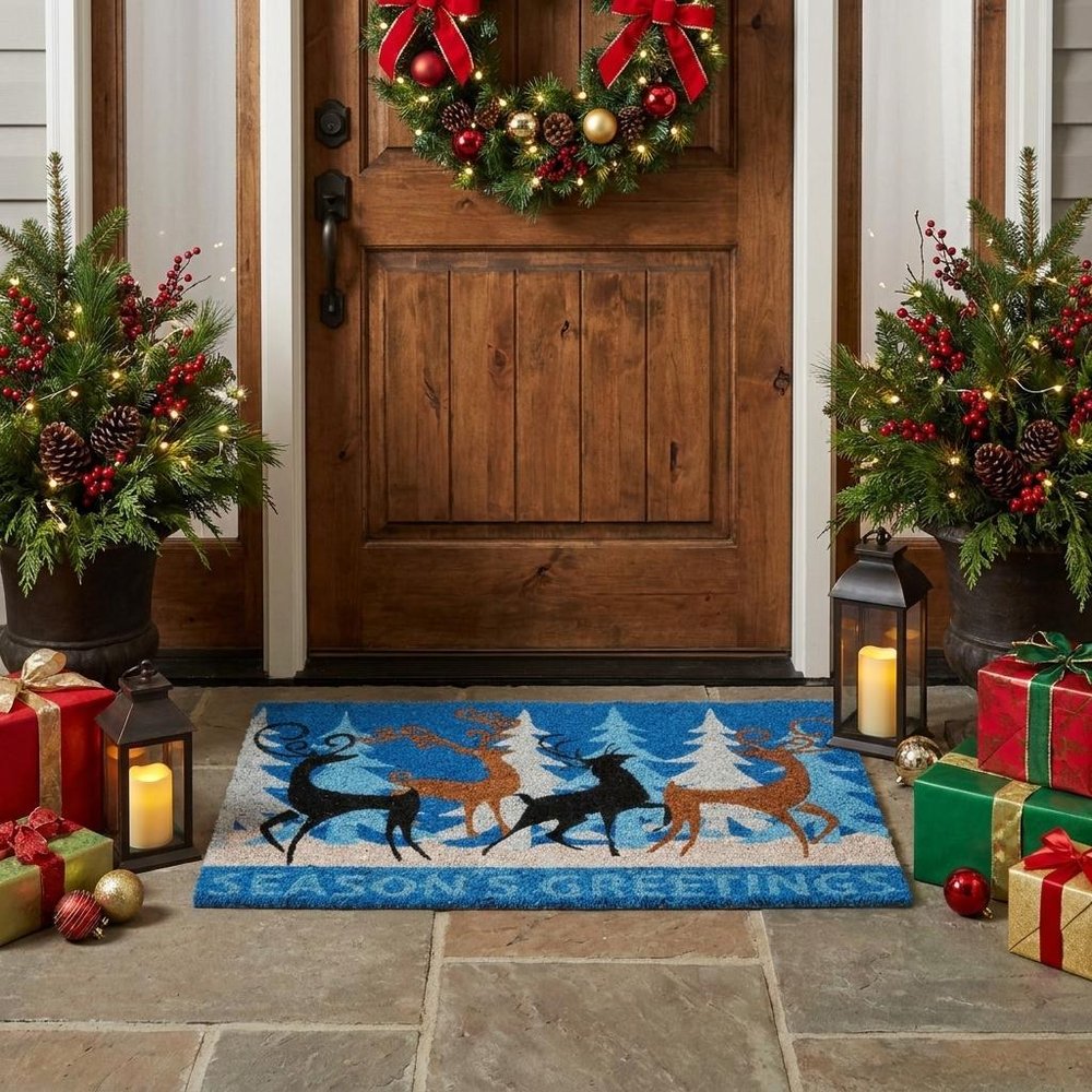 18" X 30" Blue Deer Seasons Greetings Outdoor Coir Door Mat