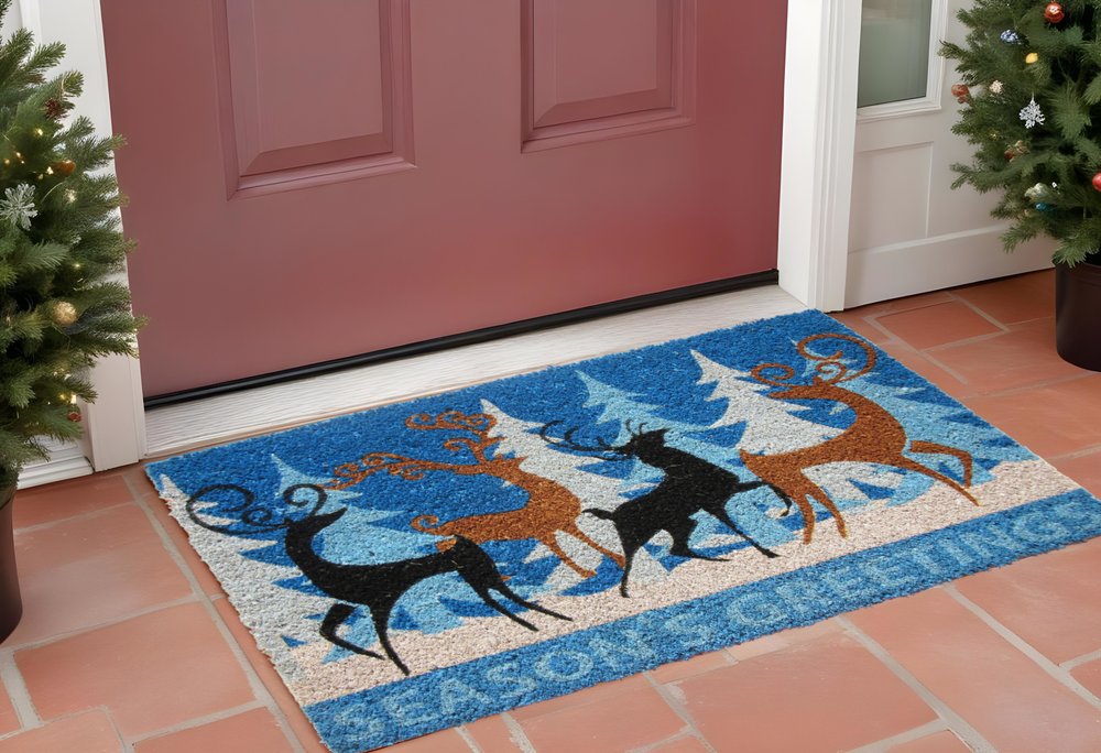 18" X 30" Blue Coir Deer Seasons Greetings Outdoor Holiday Door Mat
