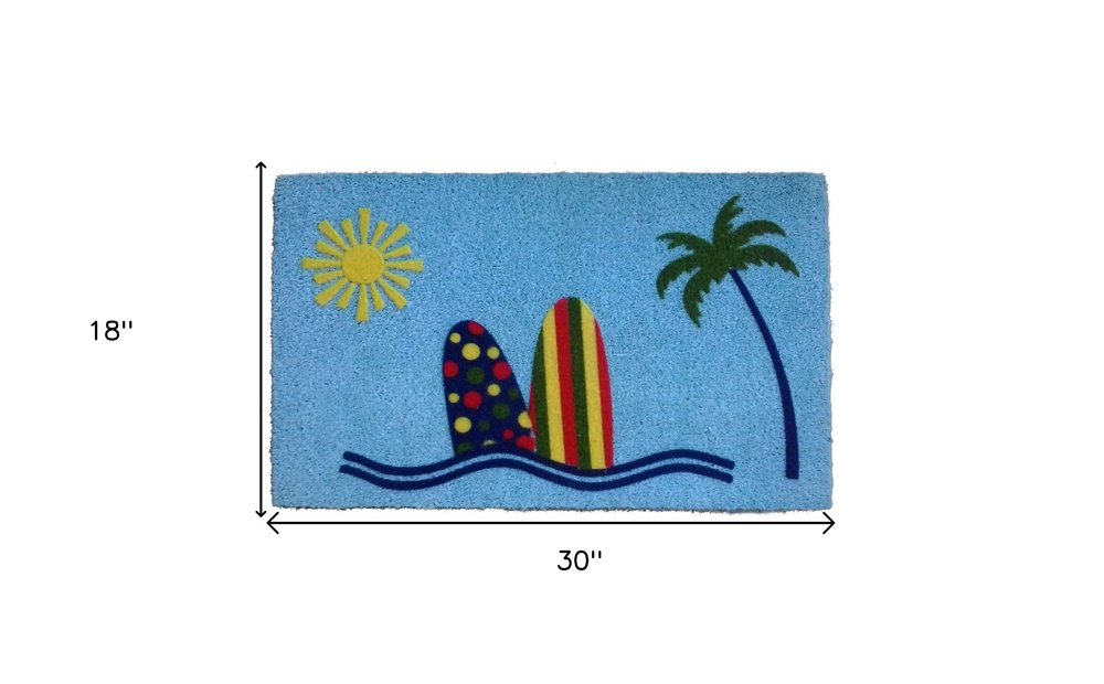 18" X 30" Blue and Green Coir Tropical Outdoor Door Mat