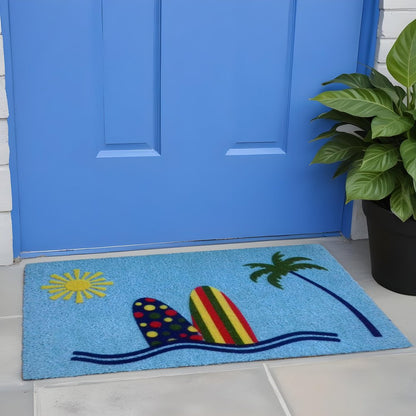 18" X 30" Blue and Green Coir Tropical Outdoor Door Mat