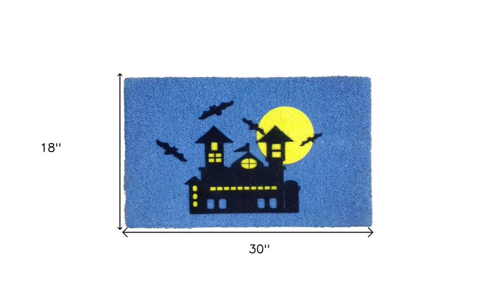 18" X 30" Blue and Black Coir Spooky House Outdoor Halloween Door Mat
