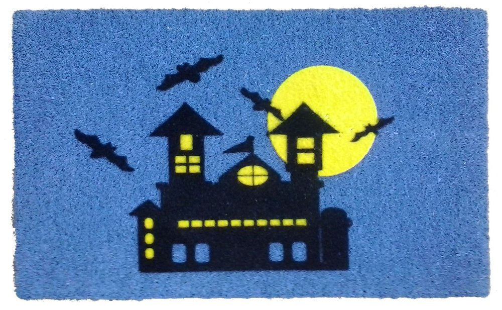 18" X 30" Blue and Black Coir Spooky House Outdoor Halloween Door Mat