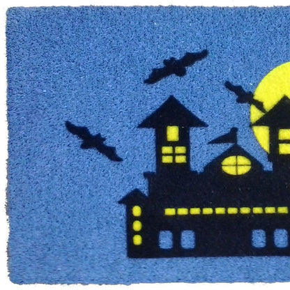 18" X 30" Blue and Black Coir Spooky House Outdoor Halloween Door Mat