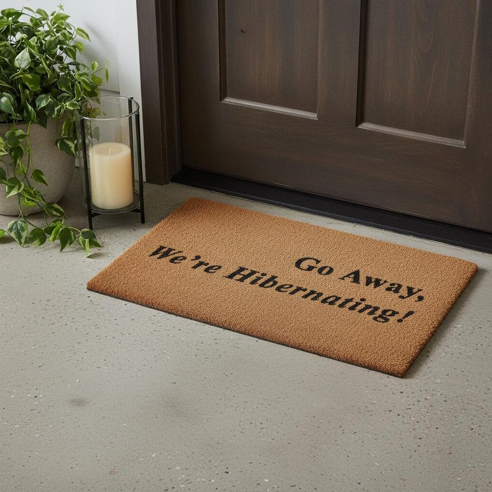 18" X 30" Brown and Black Coir Go Away We Are Hibernating Outdoor Door Mat