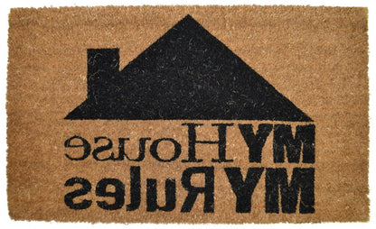 18" X 30" Brown and Black Coir My House My Rules Outdoor Door Mat