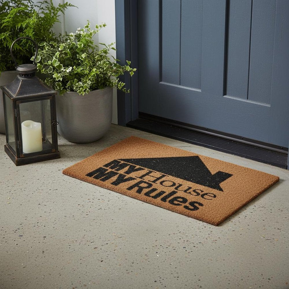 18" X 30" Brown and Black Coir My House My Rules Outdoor Door Mat