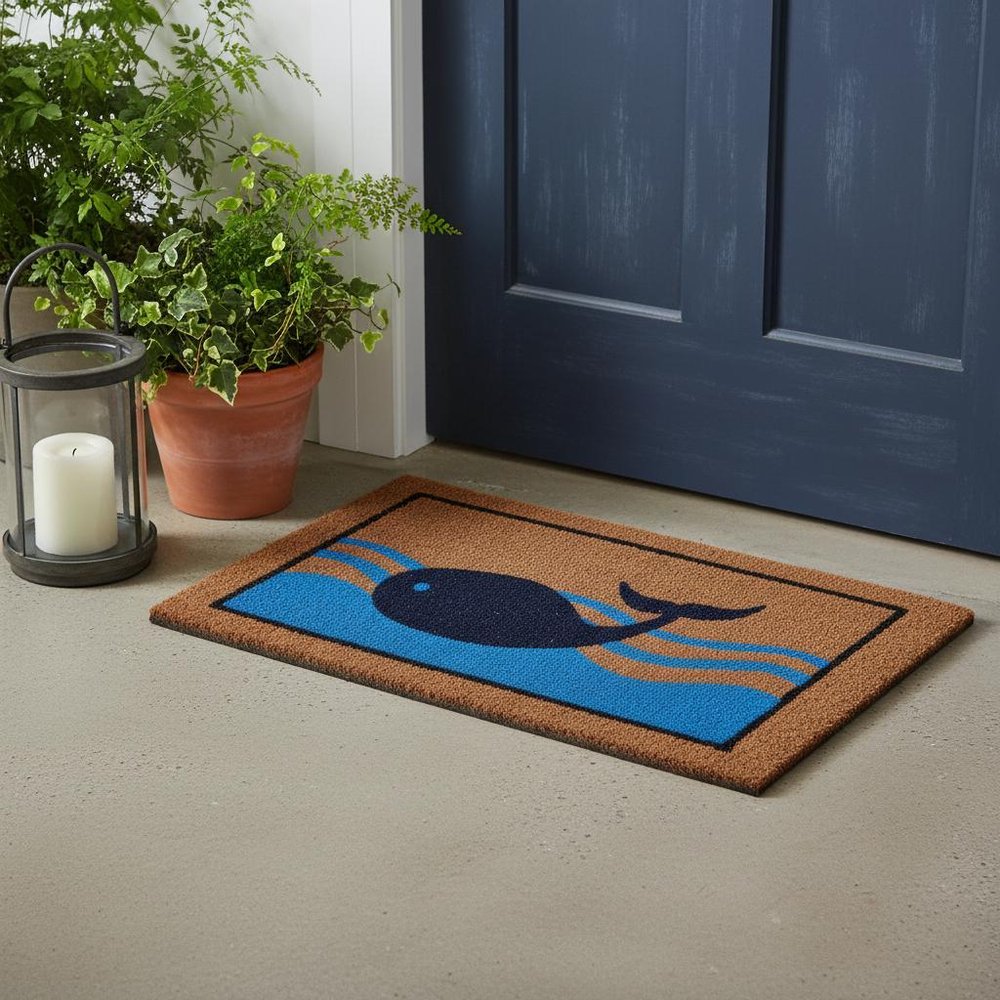 18" X 30" Brown Blue And Red Coir Whale Outdoor Door Mat