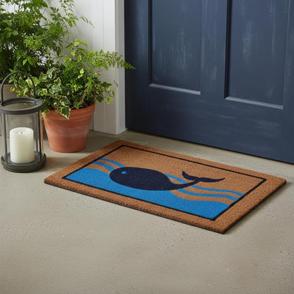 18" X 30" Brown Blue And Red Coir Whale Outdoor Door Mat