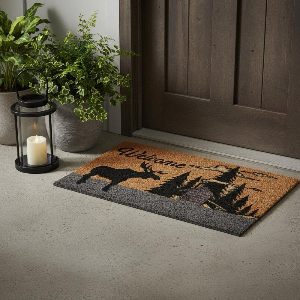 18" X 30" Brown and Black Coir Woodland Welcome Outdoor Door Mat