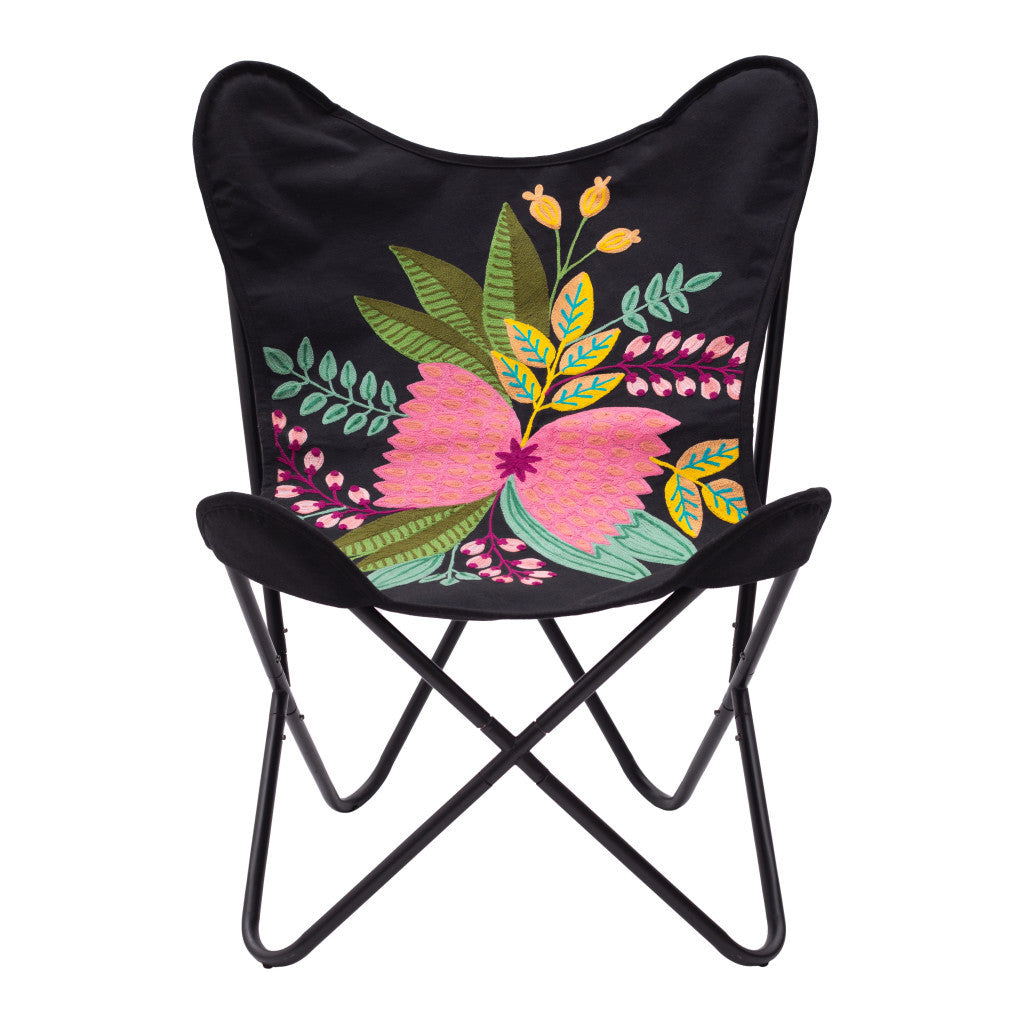 26" Black With Tropical Flowers Butterfly Chair