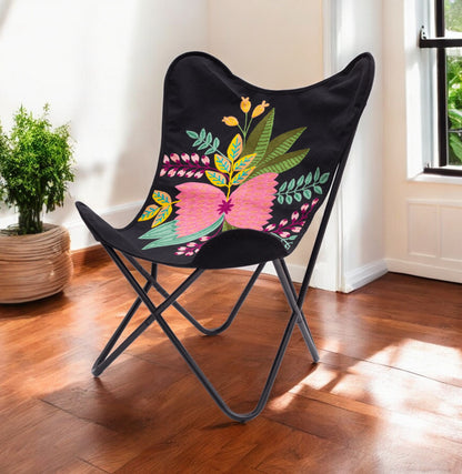 26" Black With Tropical Flowers Butterfly Chair