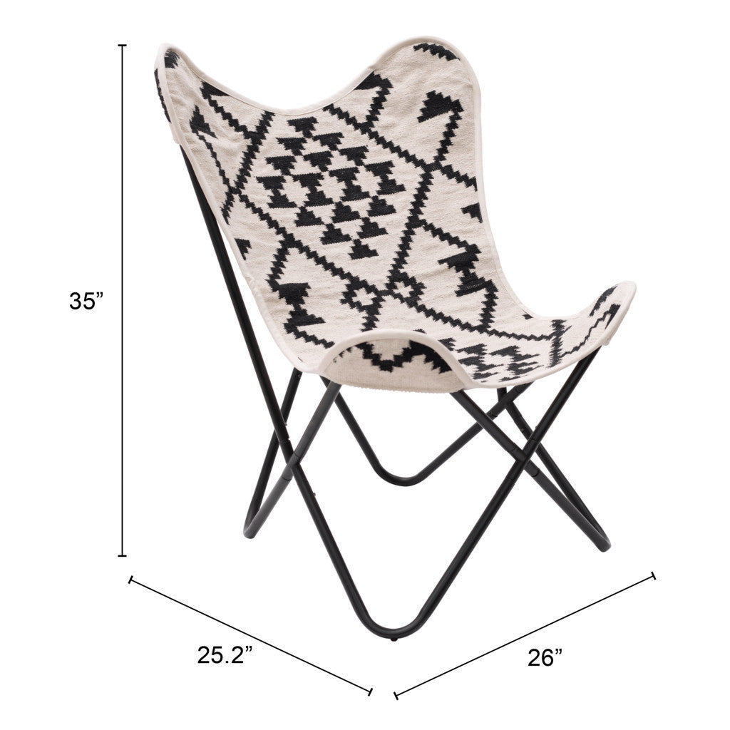 26" Beige and Black Geometric Butterfly Chair