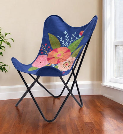 26" Blue And Black Tropical Butterfly Chair