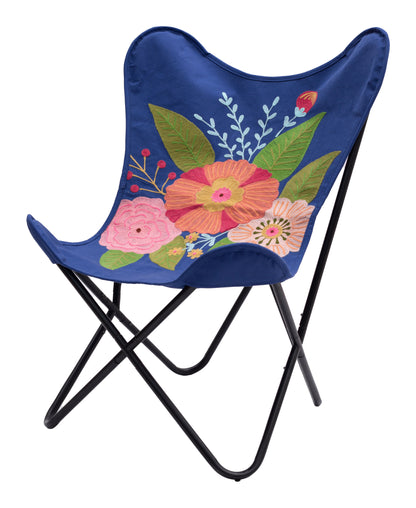 26" Blue And Black Tropical Oversized Flowers Butterfly Chair