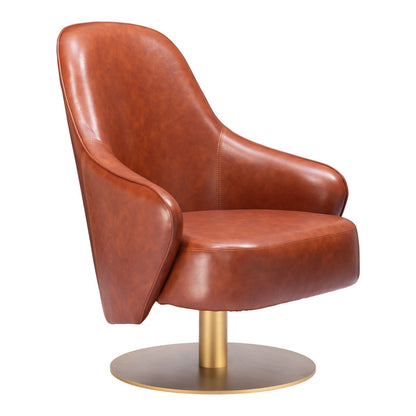 28" Brown And Gold Faux Leather Swivel Arm Chair