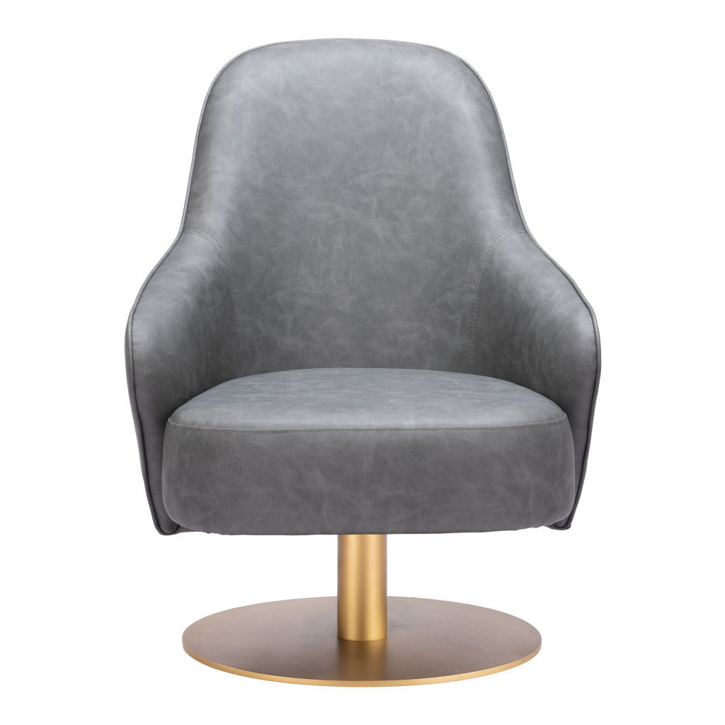 28" Gray And Gold Faux Leather Swivel Arm Chair