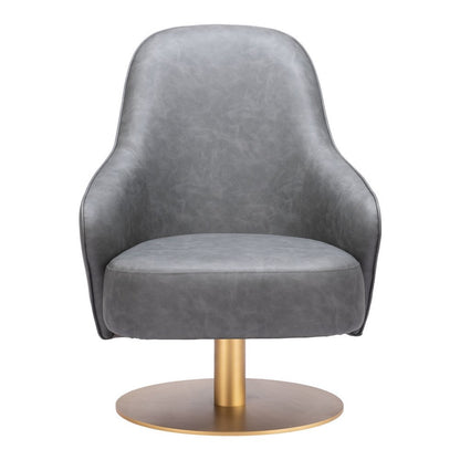 28" Gray And Gold Faux Leather And Faux Leather Swivel Arm Chair